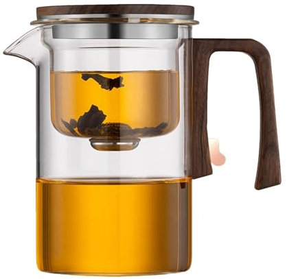 Teiera in vetro con separazione d'acqua e manico in legno, teiera magic Enchantipot, teiera in vetro magic con infusore, teiera Enchanti, teiera in vetro con separazione del tè di grande capacità