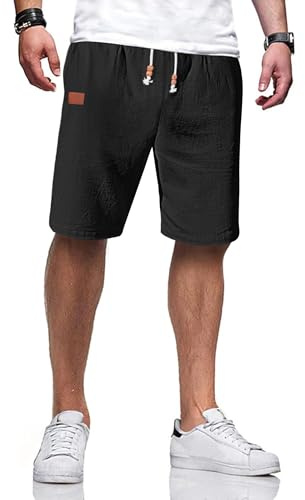 TARAINYA Pantalón Corto Hombre en Mezcla de Algodón y Lino con Cordon Ajustable y Bolsillos Negro M