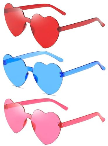 WOLMIK 3 Paar Hippie Herzförmige Brille, Transparente Candy Color Sonnenbrille für Geburtstagsfeier, Halloween, LNeuheit Party ustige Partybrillen für Erwachsene, Jungen und Mädchen - Rot, Rosa, Blau