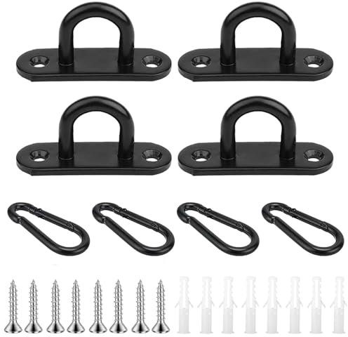Eye Plate Hooks 4 Pack - Stainless Steel Pad Eyes Plate,Black Ceiling Hooks,Heavy Duty D Rings and Carabiner Clips, Hooks and Eyes,U Brackets Staple Wall Mount Marine Hardware Hook