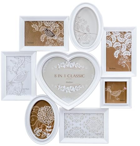 Cornice portafoto a forma di cuore, bianca, per 8 foto, stile shabby chic, per matrimonio, San Valentino, collage di foto
