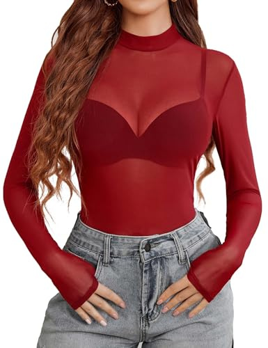 Avidlove Haut en Maille Transparente Femme T-Shirt Manche Longue Blouse | Tissu Mesh Extensible et Respirant, Sexy Top col montant, Tenue Décontractée et Élégante, pour Rave Soirée Festival Club