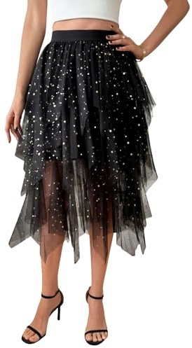 Zhiaek Falda Tul Mujer Cintura Elástica Falda Tutu Mujer 3 Capas Irregular Faldas Ballet Larga Casual Elegante para Carnaval Semana Santa Fiesta Halloween Prom Lentejuelas Negro XL