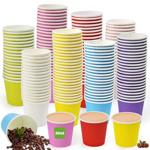 Kleemeiero 200 PCS Vasos de Papel Desechables 50 ml de Colores, Vasos de Papel para Café, Vaso Cartón Café Pequeños, Vaso paraCafe Espresso, vasito de Fiesta para Shots y Bebidas Frías o Calientes