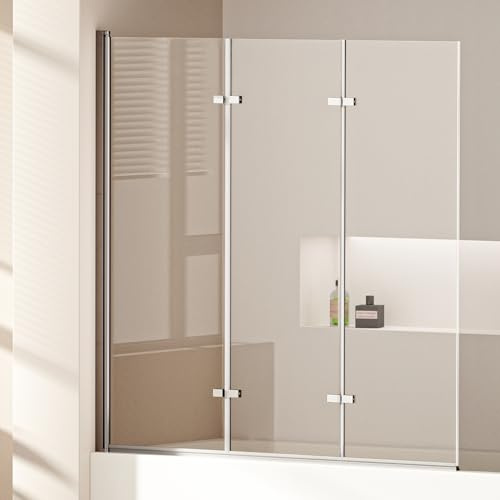 EMKE Paroi de douche pour baignoire, 130 x 140 cm, pliable, en 3 parties, avec verre de sécurité ESG de 6 mm, paroi de baignoire, paroi pliable, paroi de douche en verre