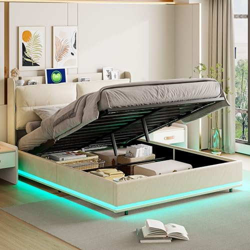 Zorvani Cama tapizada de 140 x 200 cm, Cama Doble con Espacio de Almacenamiento e iluminación LED, Cama de Almacenamiento hidráulico con somier y función de Carga USB, Cama Funcional de Respaldo