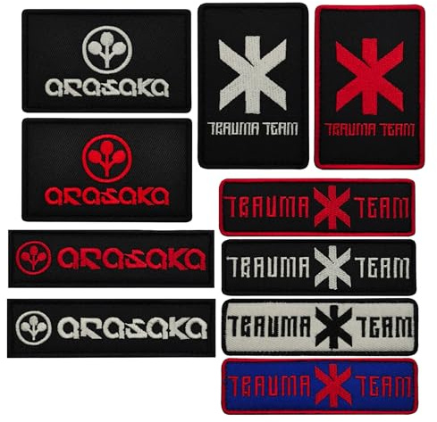 Cyberpunk 2077 Arasaka och Trauma Team broderade lappar, taktiska militärarmmärken med krokfästningsbaksida