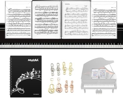 Carpeta para partituras, tamaño A4, color negro, 4 caras, plegable, con capacidad de 40 páginas y 8 clips exclusivos para partituras, para guardar piano