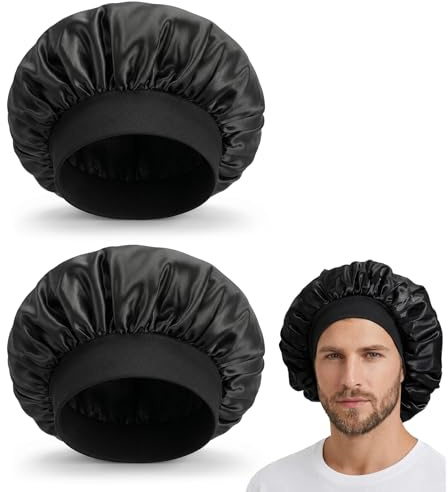 ValueBargain Lot de 2 bonnets pour hommes, pour protéger les cheveux, en satin/soie solide, pour la nuit, unisexes, noirs