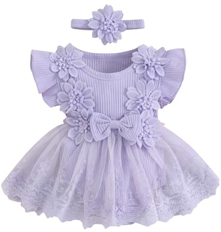 WWAYBEI Newborn Baby Girl Lace Romper Dress 0 3 6 12 18 Months Short Sleeve Flower Mesh Ruffle Tutu Dress Jumpsuits Cake Smash Outfit 1st Birthday Girl Clothes (Purple, 0-3 Months)