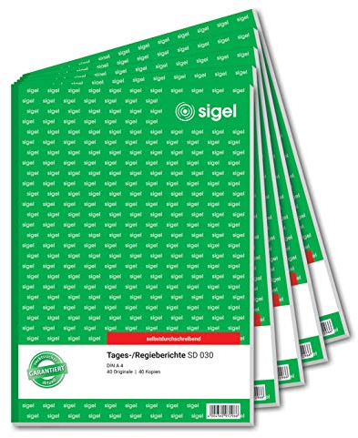 SIGEL SD030/5 Tagesbericht / Regiebericht A4, 2x40 Blatt, selbstdurchschreibend, 5er Pack, mikroperforiert, mit Abheftlochung, aus nachhaltigem Papier