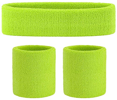 ONUPGO Banda Juego de Cinta de Sudor para la Diadema y la muñeca de algodón, C3 Neon Green, Kopfbandgröße: ca. 7,6 x 2,1, Armbänder Größe: ca. 3,14 x 3 14 Unisex-Adult