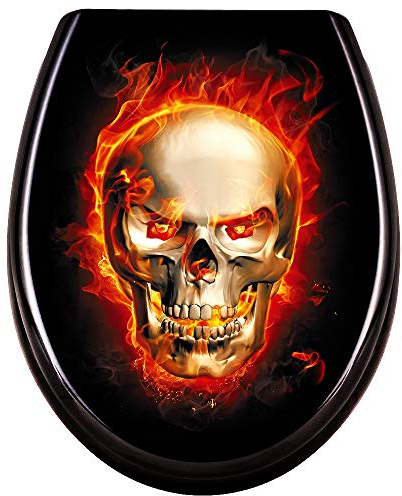 LeMeiZhiJia Toilettensitz WC-Sitz mit Absenkautomatik, Soft-Close, Antibakteriell Funktion Klobrille #Schädel Flammen