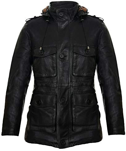 Men's Black Hooded Leather Multi-Pocket Duffle Trench Coat with Drawstring 5XL