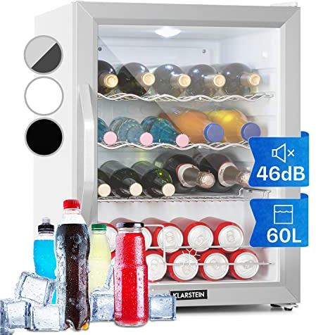KLARSTEIN Mini Frigo de Chambre et Bureau pour Boisson, Silencieux, Refrigerateur Bar 60L, Pour Camping, Étagères Réglables, Ondulés pour le Vin, Cannette, Beer Fridge