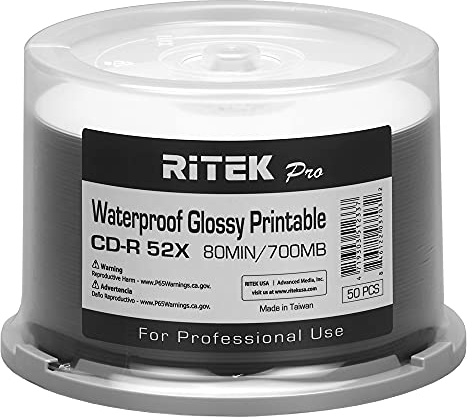 50 Pack Ritek Pro (Professional Grade) CD-R 52X 700MB Watershield Water Resistant Glossy White Inkjet Hub Printable Blank Recordable Disc,Light green,R80JS52-RTPWGN50CB