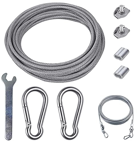 aufodara 5 Metri Kit Cavo in Acciaio Inox, Diametro 3 mm (Compreso 0,5 mm il rivestimento in PVC), con 2x Moschettone Inox M6, 2x Clip per Fune Metallica, 2x Alluminio Manicotti, 1x Mini Chiave (5M)
