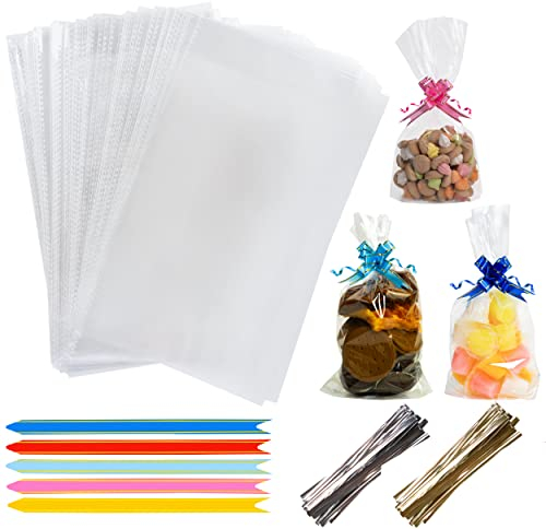 eHom Cellophane Bags Pack of 50 (6 x 10 Inches) Food Safe Cookie Bags with 50 Mix Colors Pull Bows & Twist Ties - Clear Bag for Halloween & Christmas Gifts, Packaging Sweet bags for Hamper Making