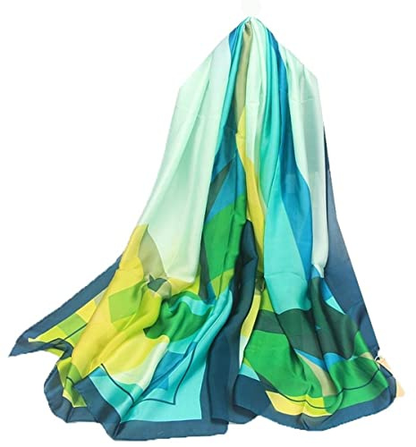 Silk Scarf Women Écharpe en soie pour femmes Foulard en mousseline Bufanda Chiffon Shawl Panuelo de seda Stain Neckerchief Head Wraps Beach Shawl Vintage Painting pañuelo de gasa (Azul Y Verde)
