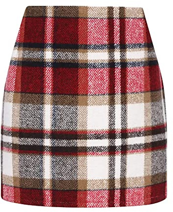 Womens Wool Plaid Mini Skirt Fall Winter High Waisted Bodycon Pencil Skirt (Wine Red, XL)