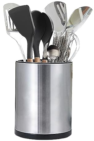 Syfunlv Contenitore per utensili da cucina, portautensili da cucina girevole a 360° in acciaio inox 8,2 x 6,7 pollici portautensili da cucina con fondo di scarico, divisorio rimovibile