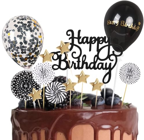 Moorle Happy Birthday Tortendeko 12 Stück, Damen Torten Geburtstagsdeko, Schwarz Gold Kuchendeko, Topper Tortendekoration mit Golden Sterne Papierfächer Konfetti Luftballons für Geburtstagsfeier