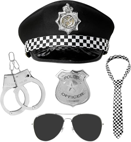Disfraz de Policía - Set de 5 Accesorios con Gorra, Placa, Corbata, Gafas de Sol y Esposas de Policía de Juguete - Disfraz de Halloween para Hombre y Mujer - Talla Única