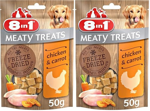 8in1 Meaty Treats, gefriergetrocknete Hunde Leckerlis mit Huhn & Karotte, getreidefrei und ohne Zucker, 50 g Beutel (Packung mit 2)