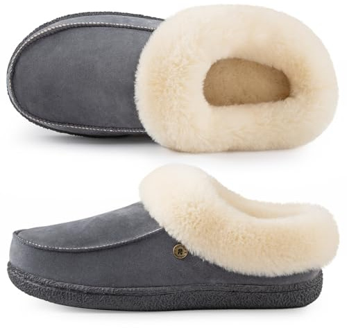 HomeTop Women's Moccasin Slip-on Slippers Soft Microsuede Clog Comfy Non-slip Memory Foam Indoor Outdoor House Shoes with Fuzzy Collar Foggy Grey, 7-8 UK