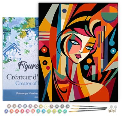 Figured'Art Peinture par Numéro Adulte avec Cadre Femme abstraite style Picasso - Activité Manuelle Kit de Loisir Créatif DIY Numéro d'Art Complet - 40x50cm toile tendue sur châssis