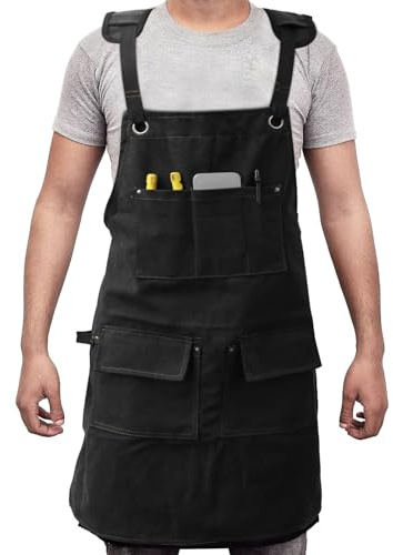 Foppla Work Apron with 5 Tool Pockets, Heavy Duty, Waterproof Oxford Cloth, Adjustable Cross Strap Woodworking Apron for M-XXL Men & Women