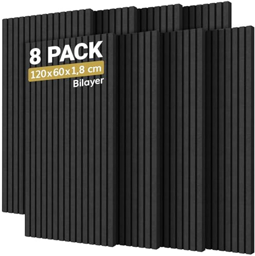 TONOR 8-pack ljudisolerande akustiska paneler i två lager, stora självhäftande, 120x60x1.8cm vidhäftande akustikpaneler, stora ljuddämpande akustiska plattor för dämpning av eko, Svart