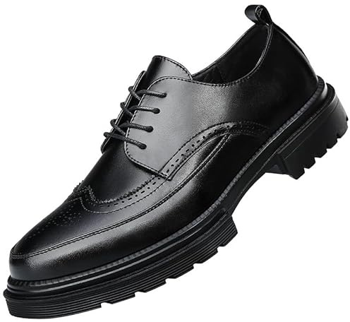 Men's Platform Dress Shoes Vintage Leather Brogue Wingtip Oxfords Classic Lace-up Lug Sole Casual Derby Shoes Black 44
