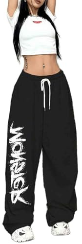 CBDAO Women's Letter Printed Hip-hop Street Sports Pants, Loose Straight Leg Wide Leg Pants, Jazz Street Dance Pants (Black,M)