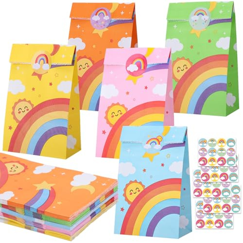 woric 50 Stück Geschenktüten Kindergeburtstag Klein, 22x12x7cm Papiertüten Regenbogen Candy Tüten mit 60 Aufkleber Papiertüten Bunt Mitgebsel Tüten für Valentinstag Ostern Kindergeburtstag Party