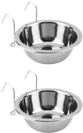 PEPLAYTAL Hanging Bowl for Pet Cage Feeding Stainless Steel Food Water Container with Rack Set of 2 Dishwasher Safe 5.12X5.12X1.77 Inch