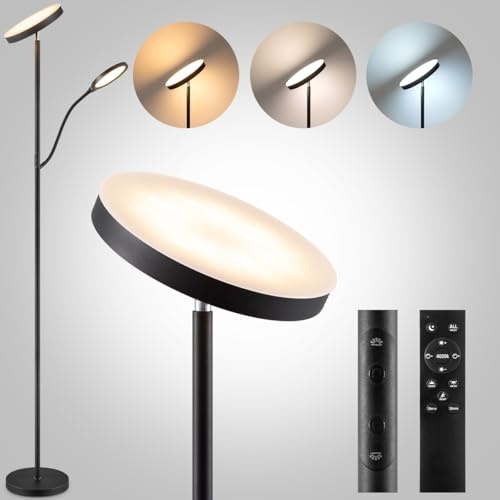 Home Sweet Home Dimbar LED-golvlampa svart - 2 300 LM indirekt belysning och 800 LM läsare - med fjärrkontroll och beröring - 3 färgtemperaturer för vardagsrum