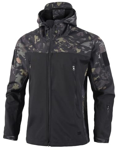 Men's Soft Shell Military Tactical Jacket Winter Warm Fleece Lined Jacket Rain Hood Coat Hiking Snowboard Full zip Outdoor Camouflage Hunting Fleece Hooded Coat