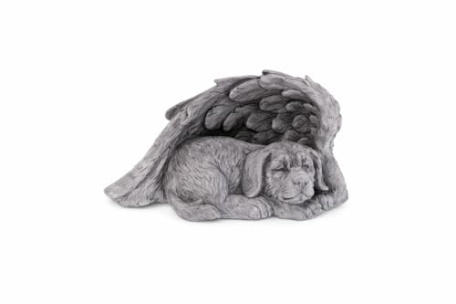 Logbuch-Verlag Gravdekoration Ängel hund grå 14 cm – minnesfigur hund med vingar av polyresin för gravsten, djurgrav eller minneskort – djurgravdekoration