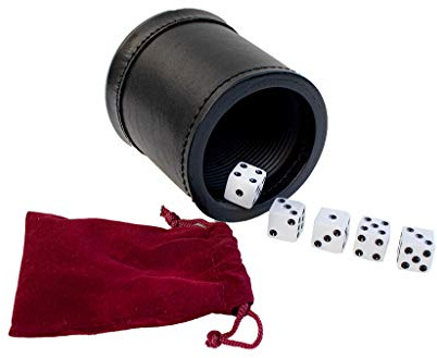 Alex Cramer Golden Gate Dice Shaker Cup Set - 5 White Dice, Drawstring Pouch & Book of Dice Games (Liar’s Dice) Included - Leather Dice Cup - Quiet Shaking.
