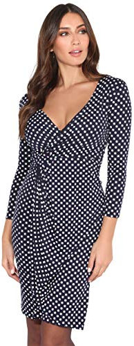 KRISP Women Polka Dot Wrap Midi Dress V-Neck 3/4 Sleeve (Navy, 8), 6487-NVY-08
