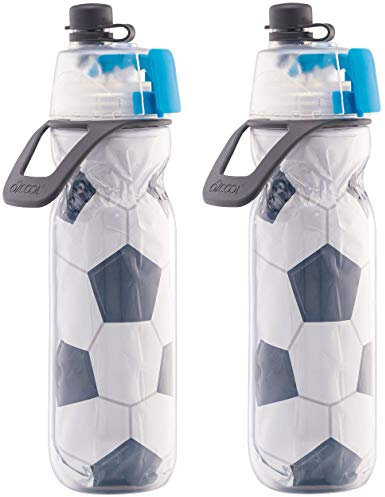 O2COOL Arctic Squeeze Insulated Mist 'N Sip Water Bottle | 2 Pack- 20 oz Sport Series | BPA Free, 2-in-1 Mist and Sip Function w/No Leak Pull Top Spout (Soccer 2 PK)