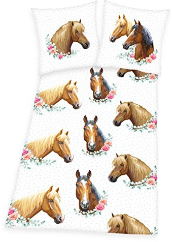 Herding Set di Biancheria da Letto Cavallo, Reversibile, Federa 80 x 80 cm, Copripiumino 135 x 200 cm, Chiusura con bottoni, Cotone Renforcé