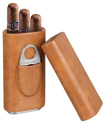 Xinzistar Zigarrenetui für 3 Zigarren Set, Leder Zigarren Etuis mit Zigarrenschneider, Tragbarer Humidor Zigarren für Reise Kurztrips (Hellbraun)