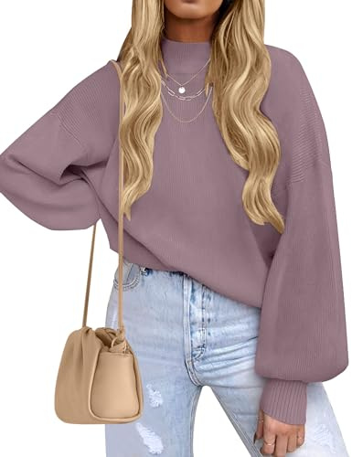 ZESICA Women's Casual Turtleneck Long Lantern Sleeve Fall 2025 Oversized Ribbed Knit Pullover Sweater Jumper Top,DarkViolet,Medium