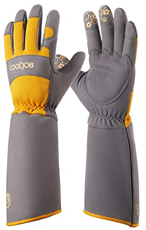 COOLJOB Gants de jardinage pour homme et femme, Résistants aux épines, Gants de jardinage robustes pour les cactus et le lierre, Manches longues anti-crevaison, Orange et gris (1 paire, taille M-L)
