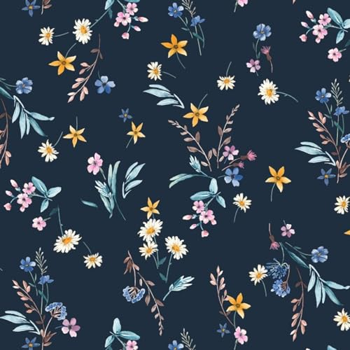 VmG-Store Baumwollstoff Meterware 140cm Breite Stoffe zum Nähen Nähstoff Kinderstoff für Kissen Babykleidung Kinderkleidung DIY (Wiesenblumen Navy Bb024)