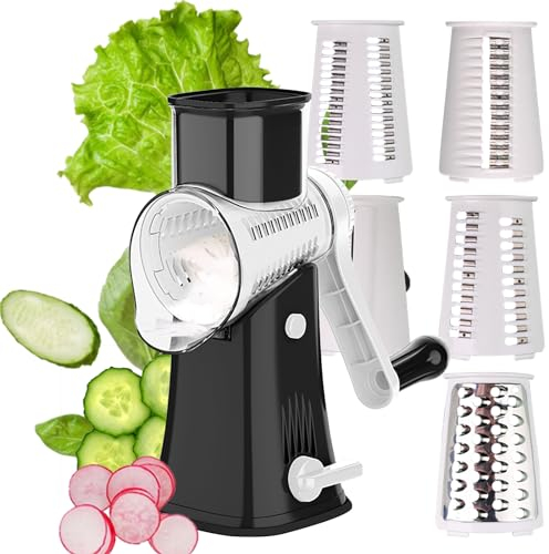 MKNZOME Grattugia Formaggio Rotante, Affetta Verdure Manuale Grattugia Verdure con 5 in Acciaio Inox Lame a Tamburo, Facile da Pulire, per Cucina Verdure, Patate, Carote, Tritatutto - Nero