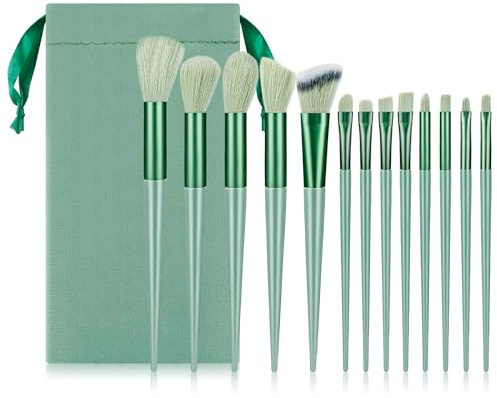 Set de 13 Brochas de Maquillaje Profesional con Bolsa de Terciopelo - Brochas para Colorete, Sombra de Ojos, Base y Más - Juego Completo para un Maquillaje y un Look Perfecto (Verde Menta)
