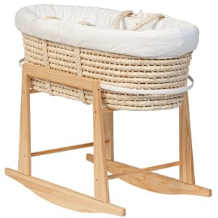 Mokee Natural Moses Basket Set with Rocking Stand, Mattress, Cotton Bedding & Padded Liner | Complete Newborn Set for Babies 0–6 Months (without hood)